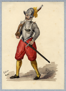 32803 Afbeelding van een kostuumontwerp van een soldaat in een 16de-eeuwse uitrusting, figurant in de maskerade van de ...